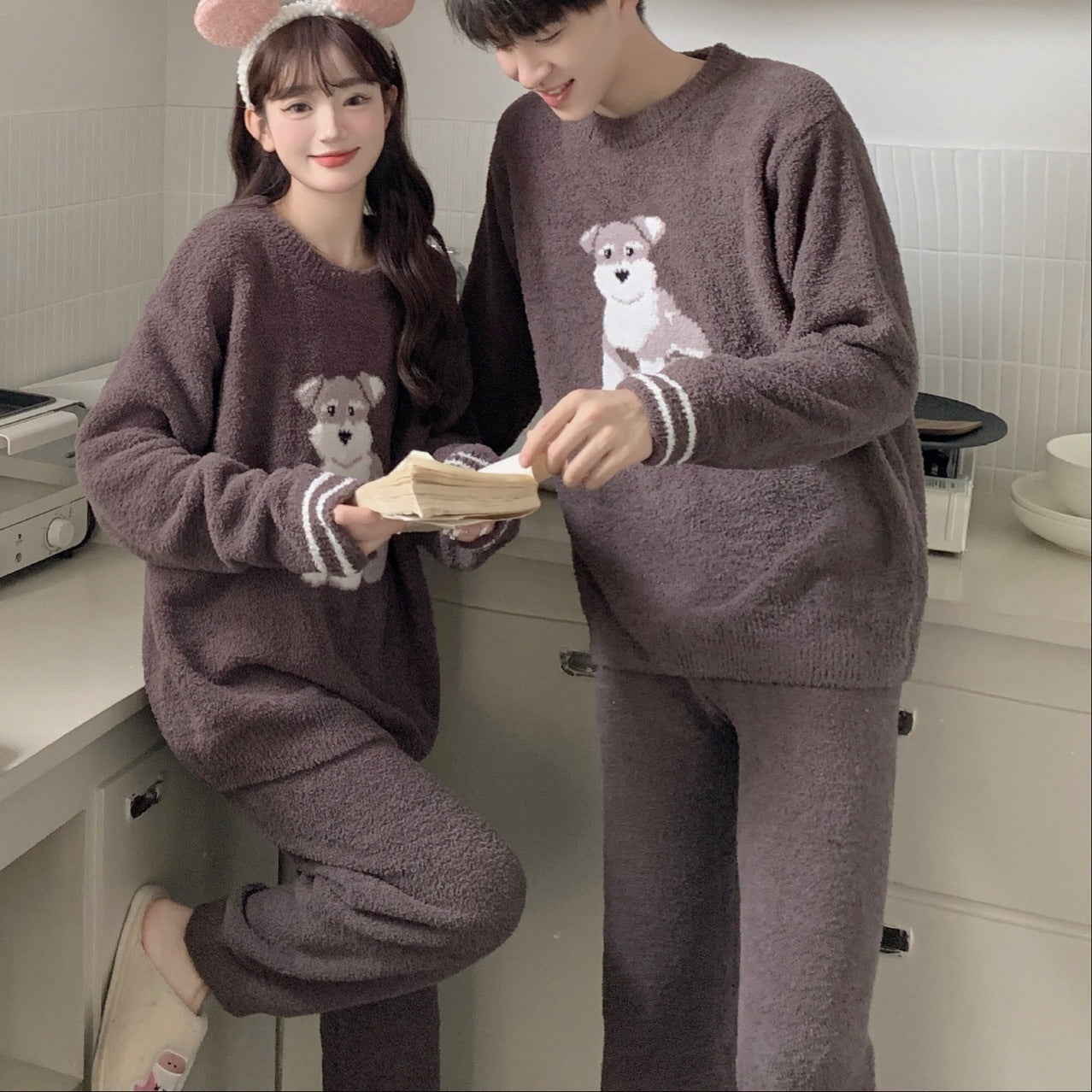 Gp Couple Japanese Cute Dog Parent-child Soft Home Wear Long-sleeved Trousers Pajamas Set