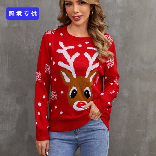 European And American Winter Cartoon Reindeer Christmas Sweater 2022 New Round Neck Pullover Sweater Women