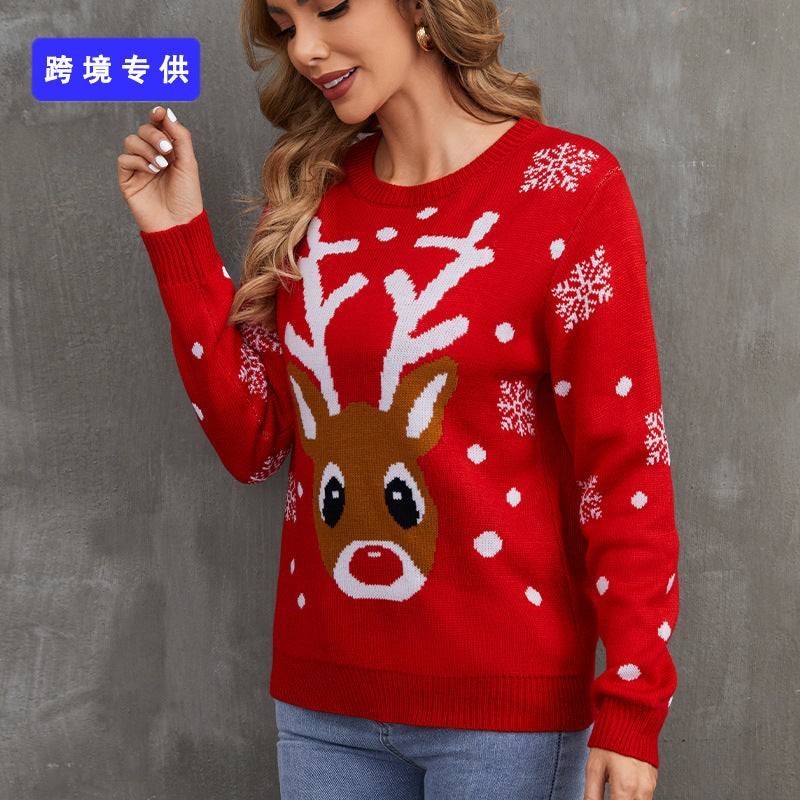 European And American Winter Cartoon Reindeer Christmas Sweater 2022 New Round Neck Pullover Sweater Women