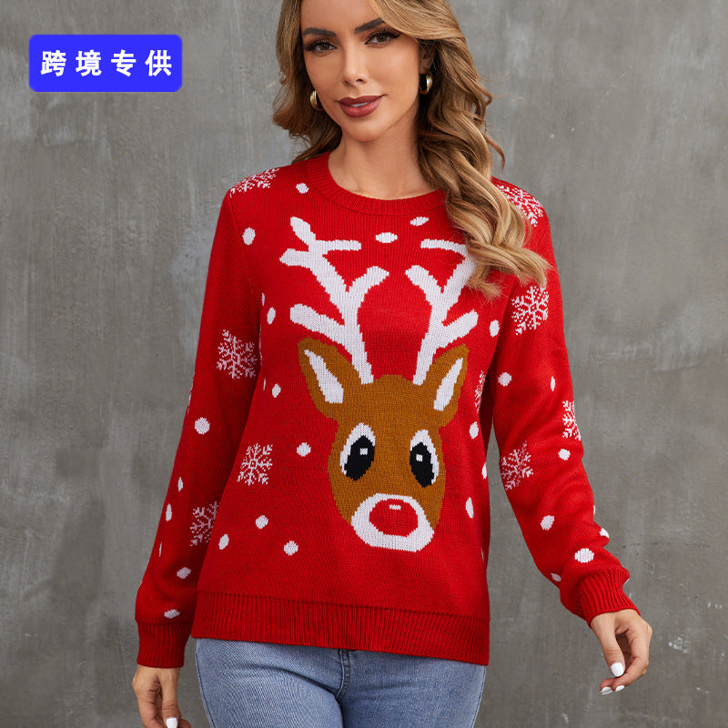 European And American Winter Cartoon Reindeer Christmas Sweater 2022 New Round Neck Pullover Sweater Women
