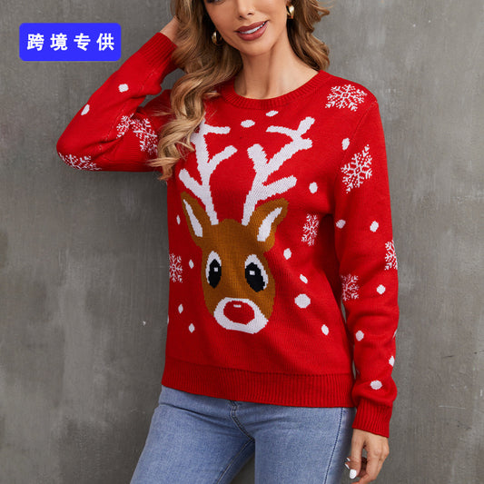European And American Winter Cartoon Reindeer Christmas Sweater 2022 New Round Neck Pullover Sweater Women